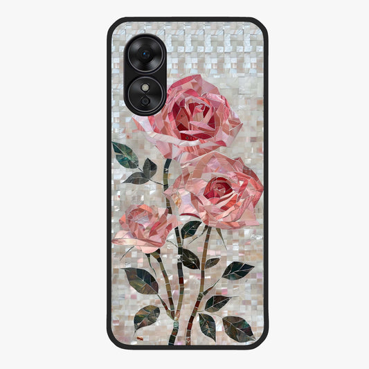 Blush Mosaic Bloom Glass Case showing flat back view with mosaic floral bloom artwork and glossy glass finish.