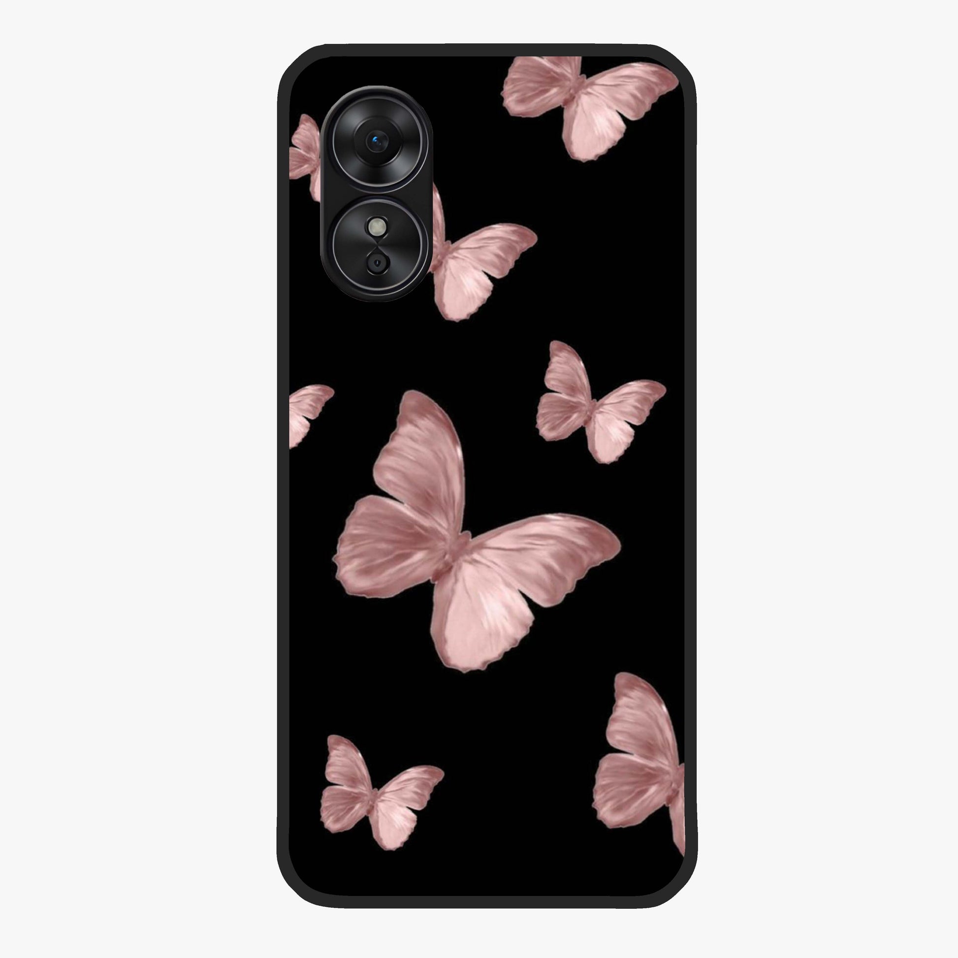 Butterfly Pattern Glass Case showing flat back view with elegant butterfly pattern artwork and glossy glass finish.
