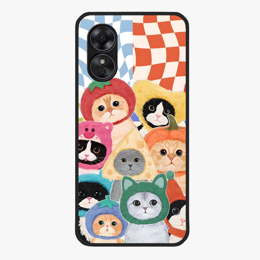 Cats in Fruits Glass Case showing flat back view with playful cat illustrations inside fruit artwork and glossy glass finish.