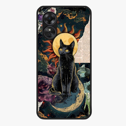 Celestial Black Cat Glass Case showing flat back view with mystical black cat artwork and glossy glass finish.