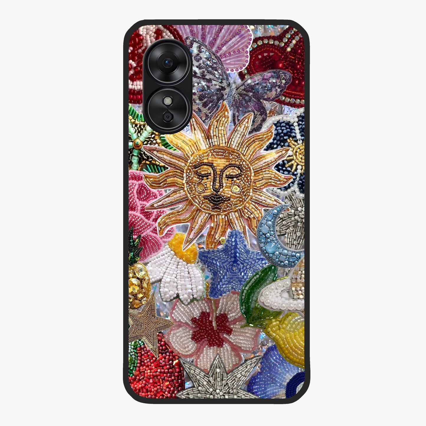 Celestial Floral and Playful Glass Case showing flat back view with floral and celestial themed artwork and glossy glass finish.