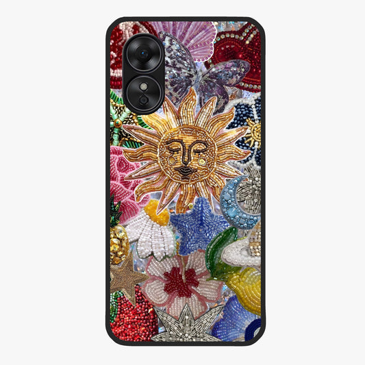 Celestial Floral and Playful Glass Case showing flat back view with floral and celestial themed artwork and glossy glass finish.