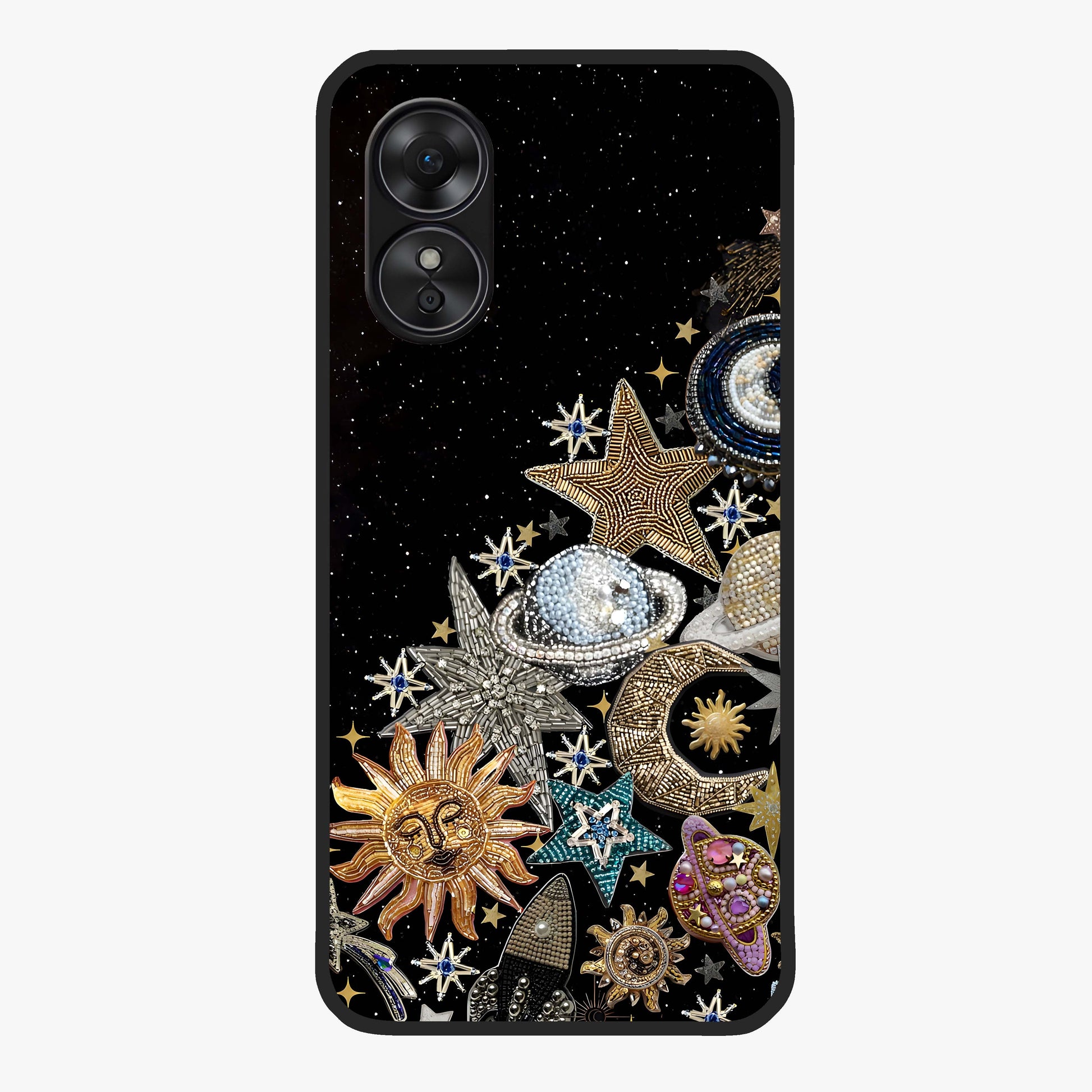 Cosmic Sparkle Dreams Glass Case showing flat back view with sparkling cosmic artwork and glossy glass finish.