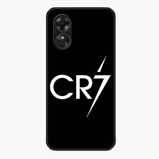 Cr7 Elite Strike Glass Case showing flat back view with dynamic football inspired artwork and glossy glass finish.