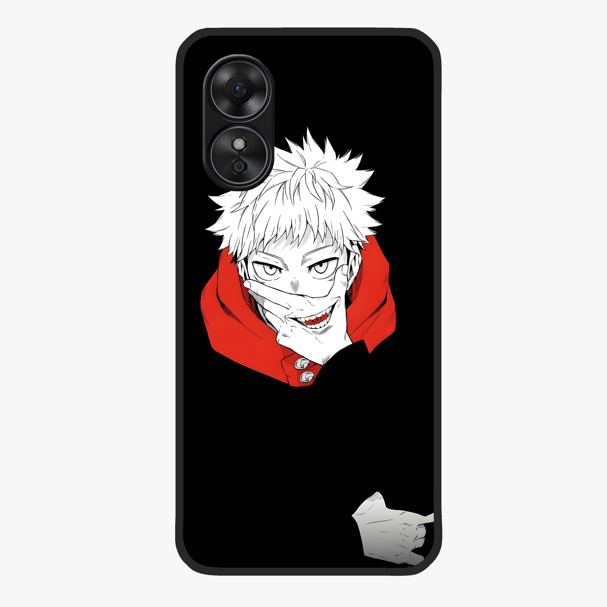Crimson Chaos Smile Glass Case showing flat back view with bold chaotic smile artwork and glossy glass finish.