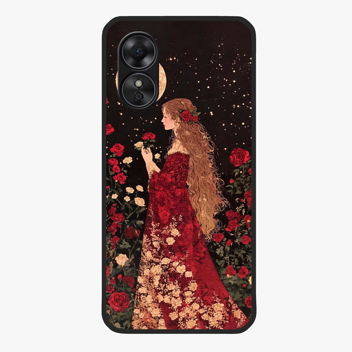Crimson Dreams Glass Case showing flat back view with dreamy crimson artwork and glossy glass finish.