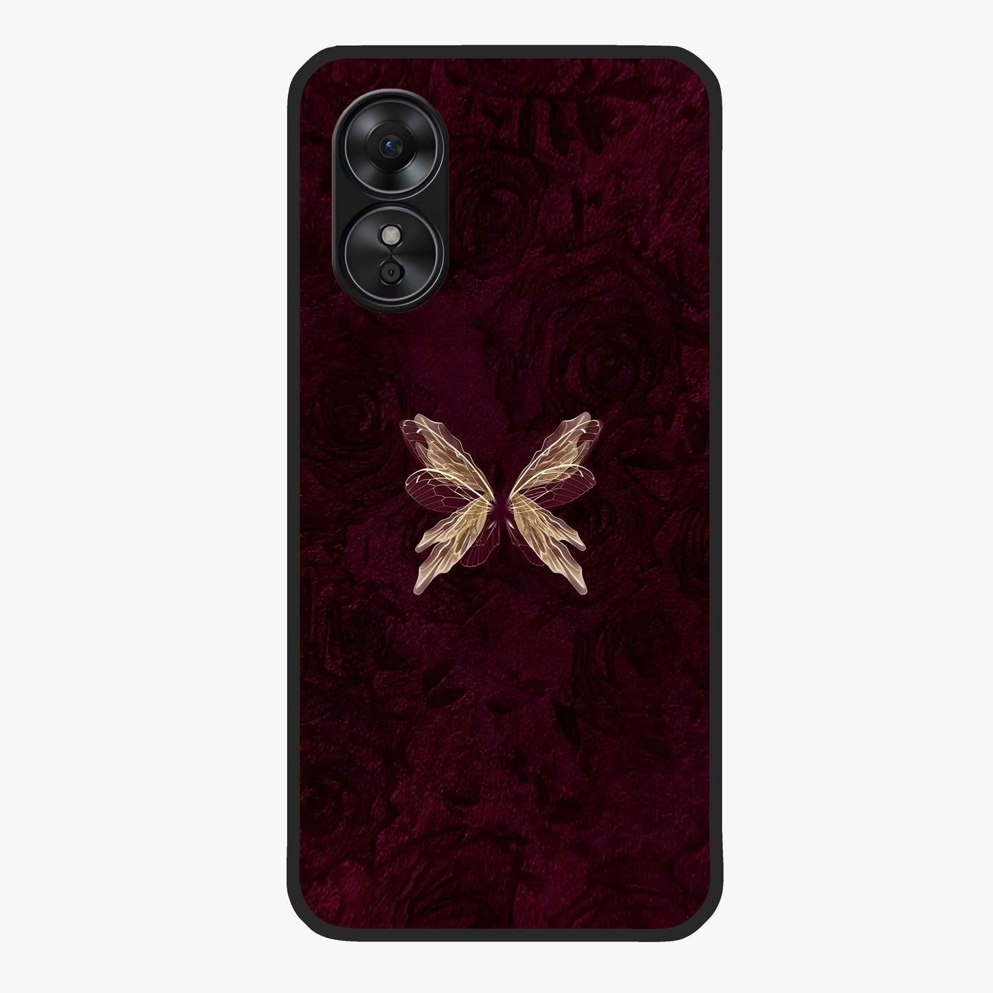 Crimson Fade Butterfly Glass Case showing flat back view with fading butterfly artwork and glossy glass finish.