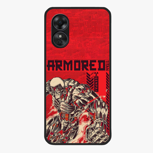 Crimson Mecha Titan Glass Case showing flat back view with powerful mech titan artwork and glossy glass finish.
