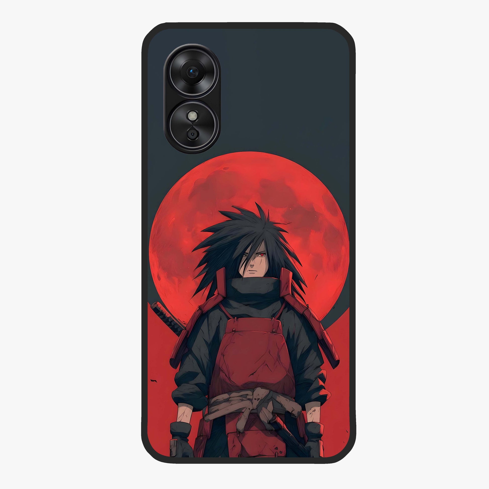 Crimson Moon Warlord Glass Case showing flat back view with mystical moon warrior artwork and glossy glass finish.