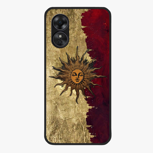 Crimson Sun Majesty Glass Case showing flat back view with radiant sun inspired artwork and glossy glass finish.