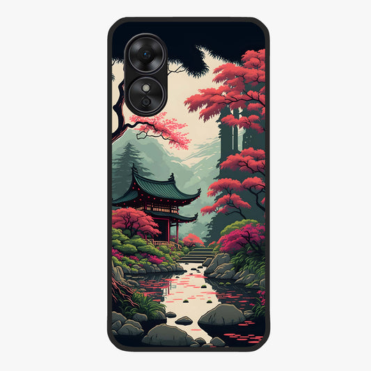 Crimson Temple View Glass Case showing flat back view with temple inspired artwork and glossy glass finish.