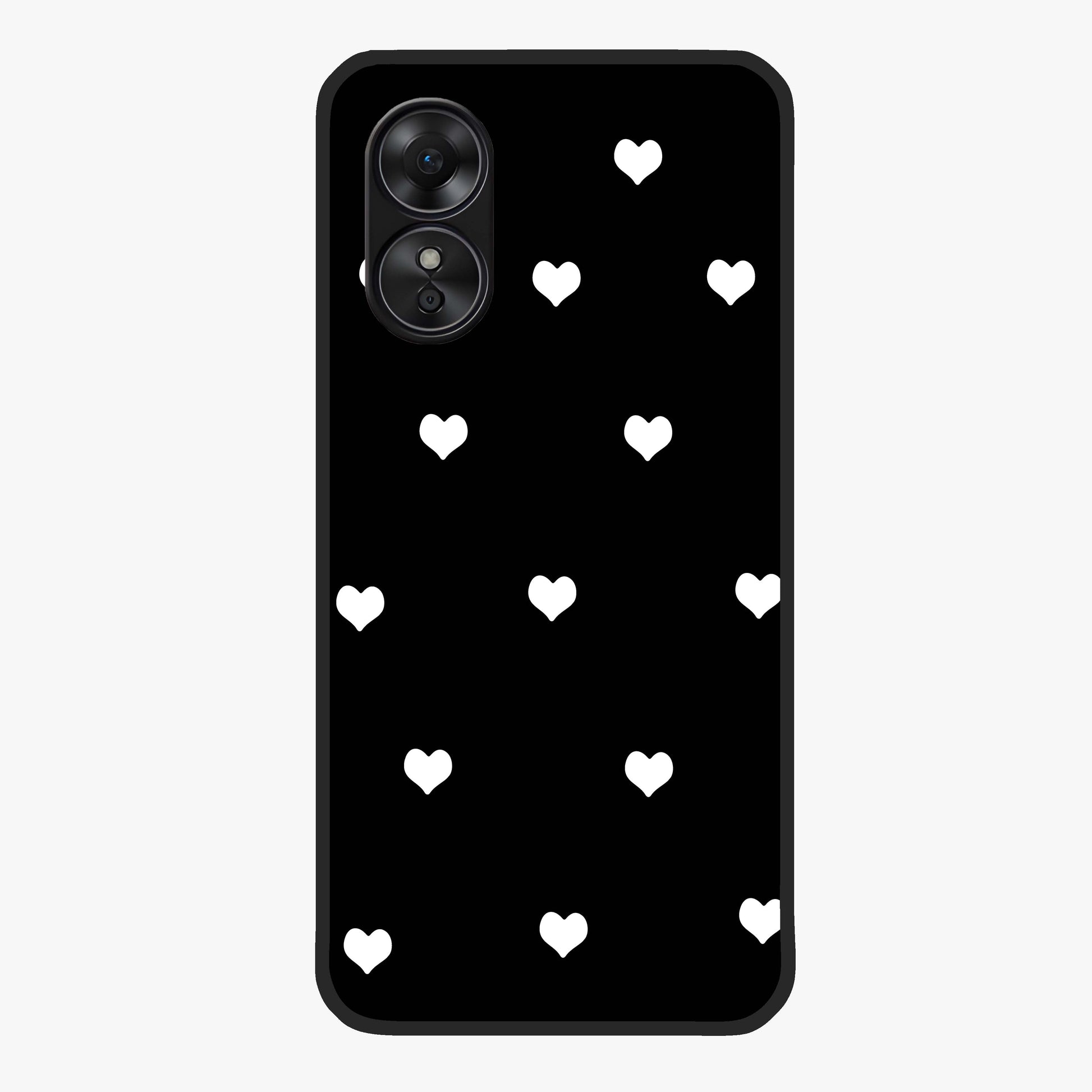 Cute And Simple White Hearts Glass Case showing flat back view with minimal white heart pattern and glossy glass finish.