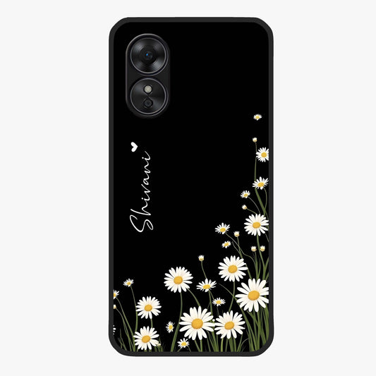 Daisy Cascade Custom Name Glass Case showing flat back view with cascading daisy flowers and personalized name design.
