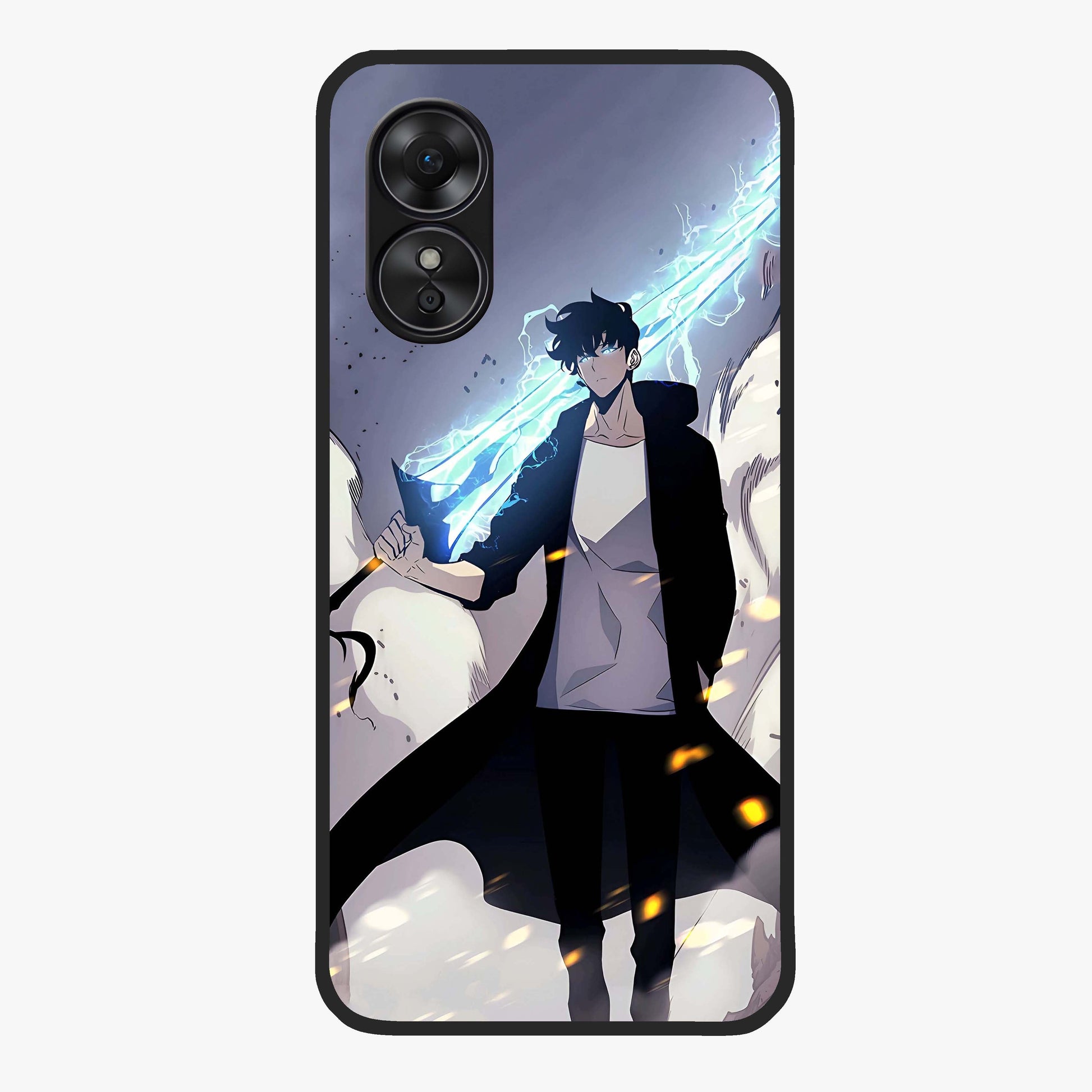 Dark Lightning Anime Warrior Glass Case showing flat back view with intense anime warrior artwork and glossy glass finish.