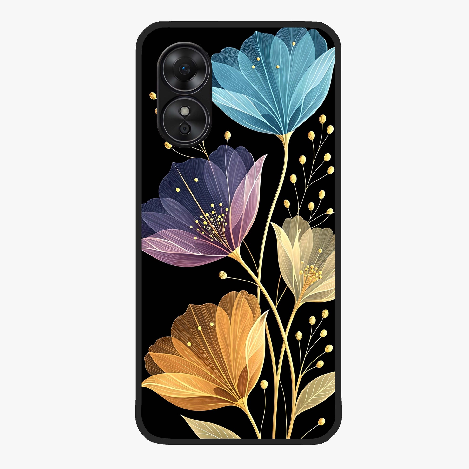 Delicate Multicolor Flowers Glass Case showing flat back view with vibrant floral artwork and glossy glass finish.