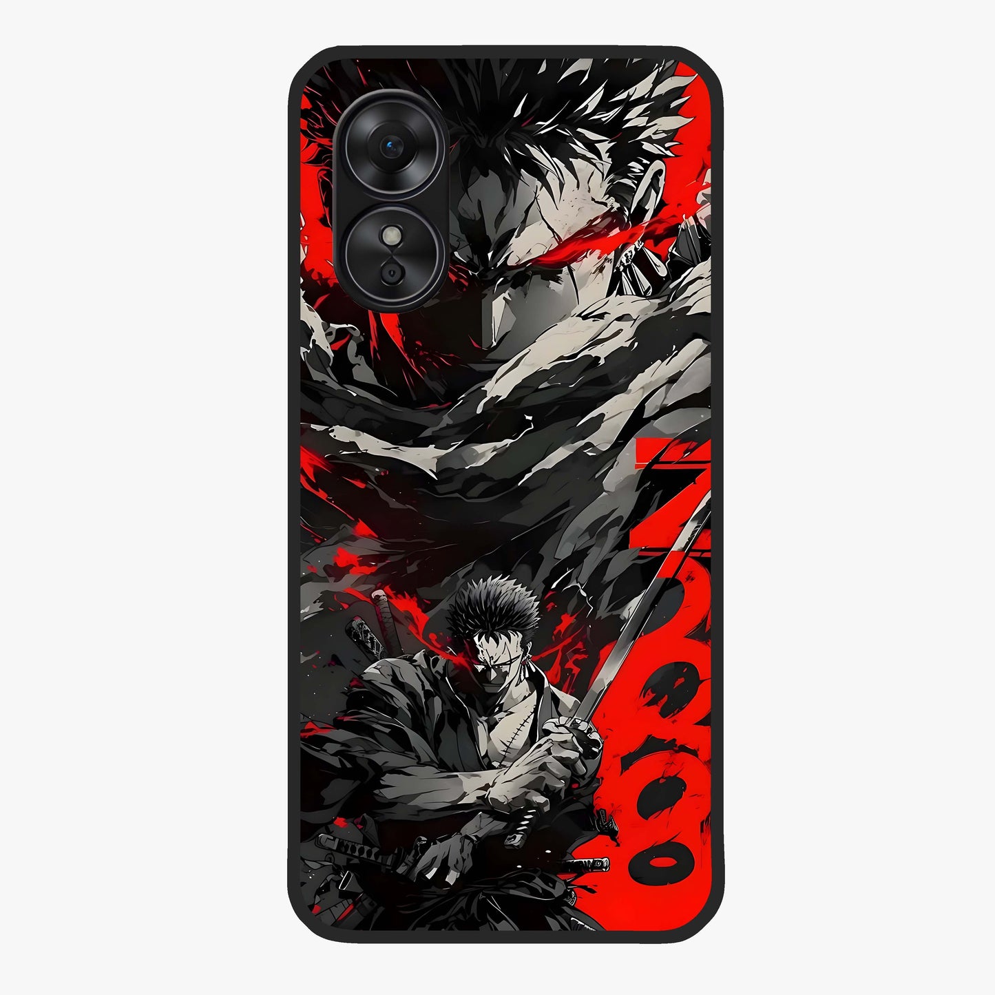 Demon Sword Resolve Glass Case showing flat back view with fierce sword warrior artwork and glossy glass finish.