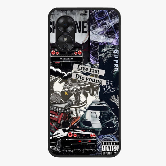 Die Young Glass Case showing flat back view with bold artistic typography design and glossy glass finish.
