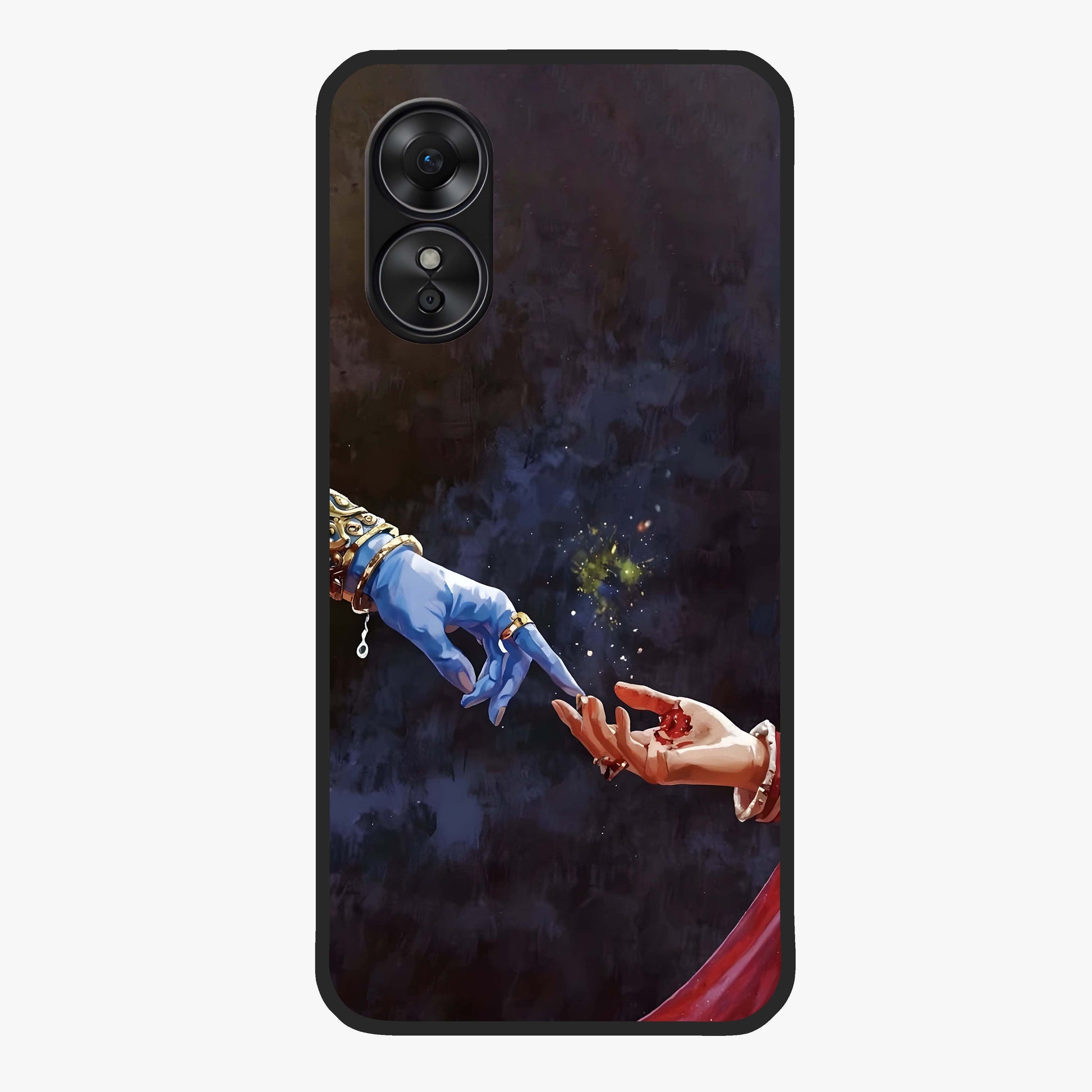 Divine Touch Eternal Glass Case showing flat back view with spiritual themed artwork and glossy glass finish.