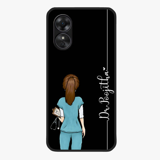Doctor Pattern Custom Name Glass Case showing flat back view with medical themed pattern and personalized name design.