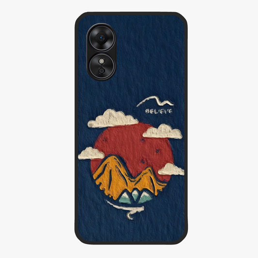 Dream Beyond Mountains Glass Case showing flat back view with scenic mountain landscape artwork and glossy glass finish.