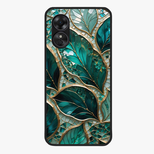Emerald Leaf Glass Glass Case showing flat back view with emerald green leaf artwork and glossy glass finish.