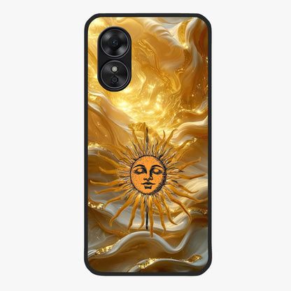 Eternal Golden Glow Glass Case showing flat back view with radiant golden themed artwork and glossy glass finish.