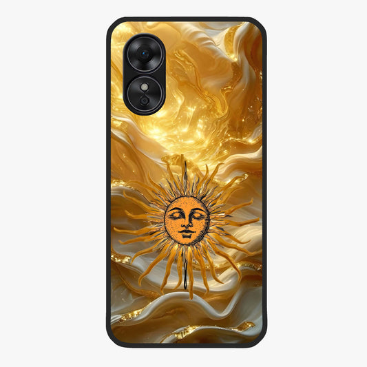 Eternal Golden Glow Glass Case showing flat back view with radiant golden themed artwork and glossy glass finish.