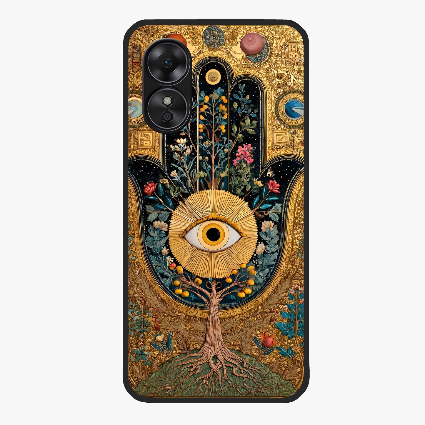 Ethereal Evil Eye Glass Case showing flat back view with mystical evil eye artwork and glossy glass finish.