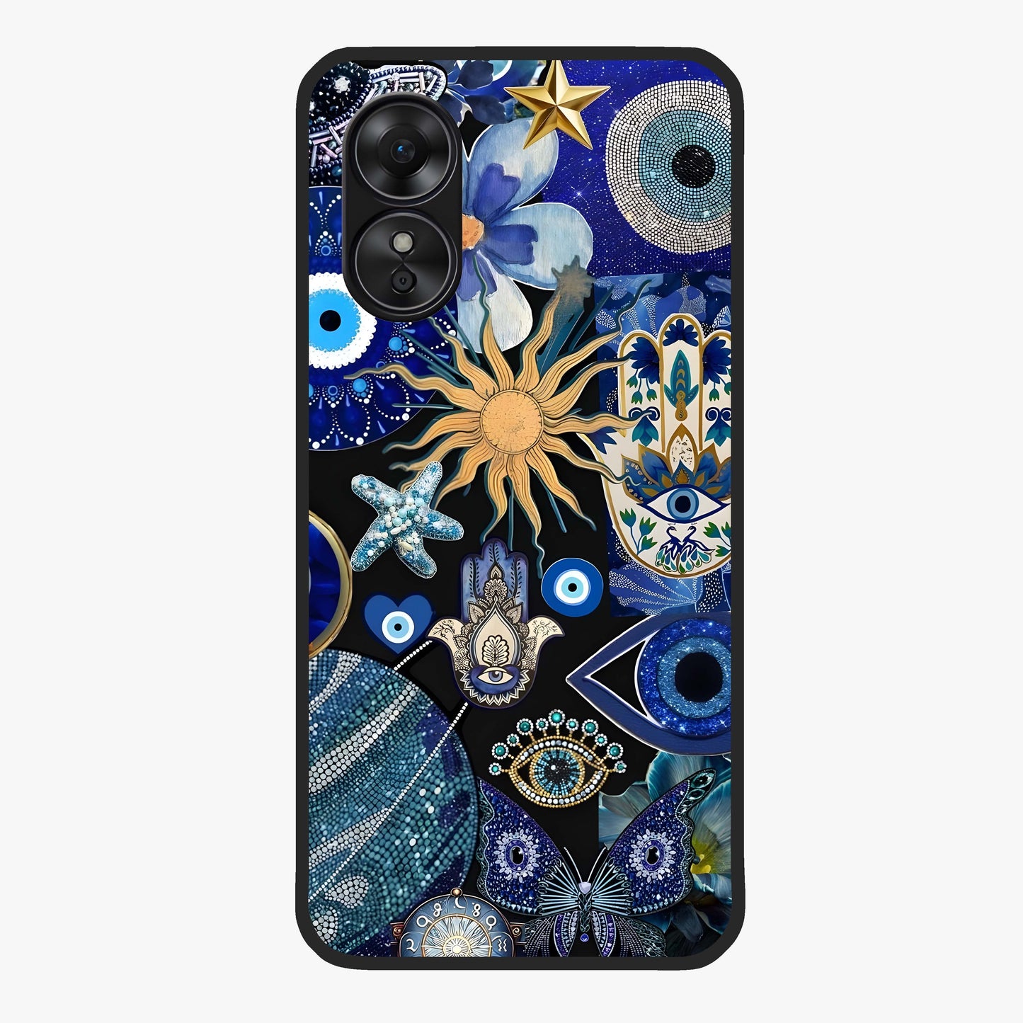 Evil Eye Charm Mix Glass Case showing flat back view with multiple evil eye charms artwork and glossy glass finish.
