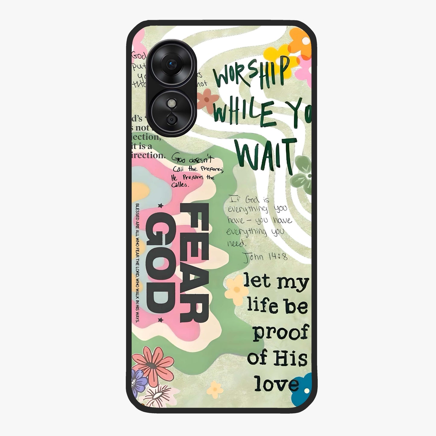 Faith Over Fear Glass Case showing flat back view with motivational typography artwork and glossy glass finish.