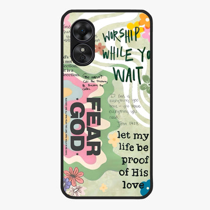 Faith Over Fear Glass Case showing flat back view with motivational typography artwork and glossy glass finish.
