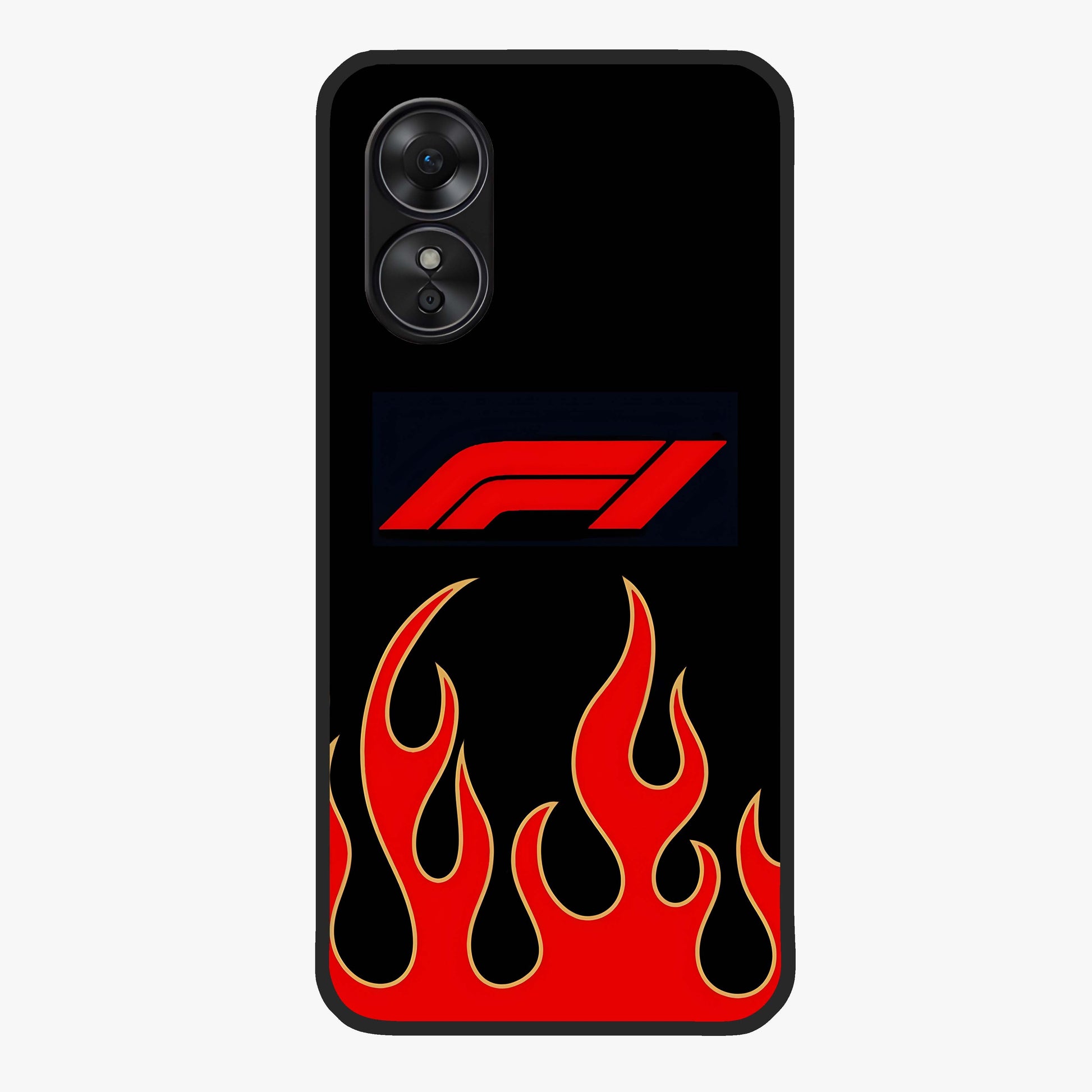 Fire F11 Glass Case showing flat back view with fiery themed artwork and glossy glass finish.