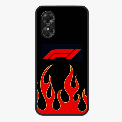Fire F11 Glass Case showing flat back view with fiery themed artwork and glossy glass finish.