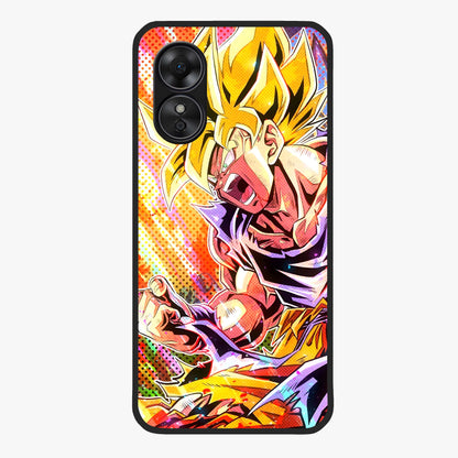 Firing Goku Glass Case showing flat back view with powerful anime inspired artwork and glossy glass finish.