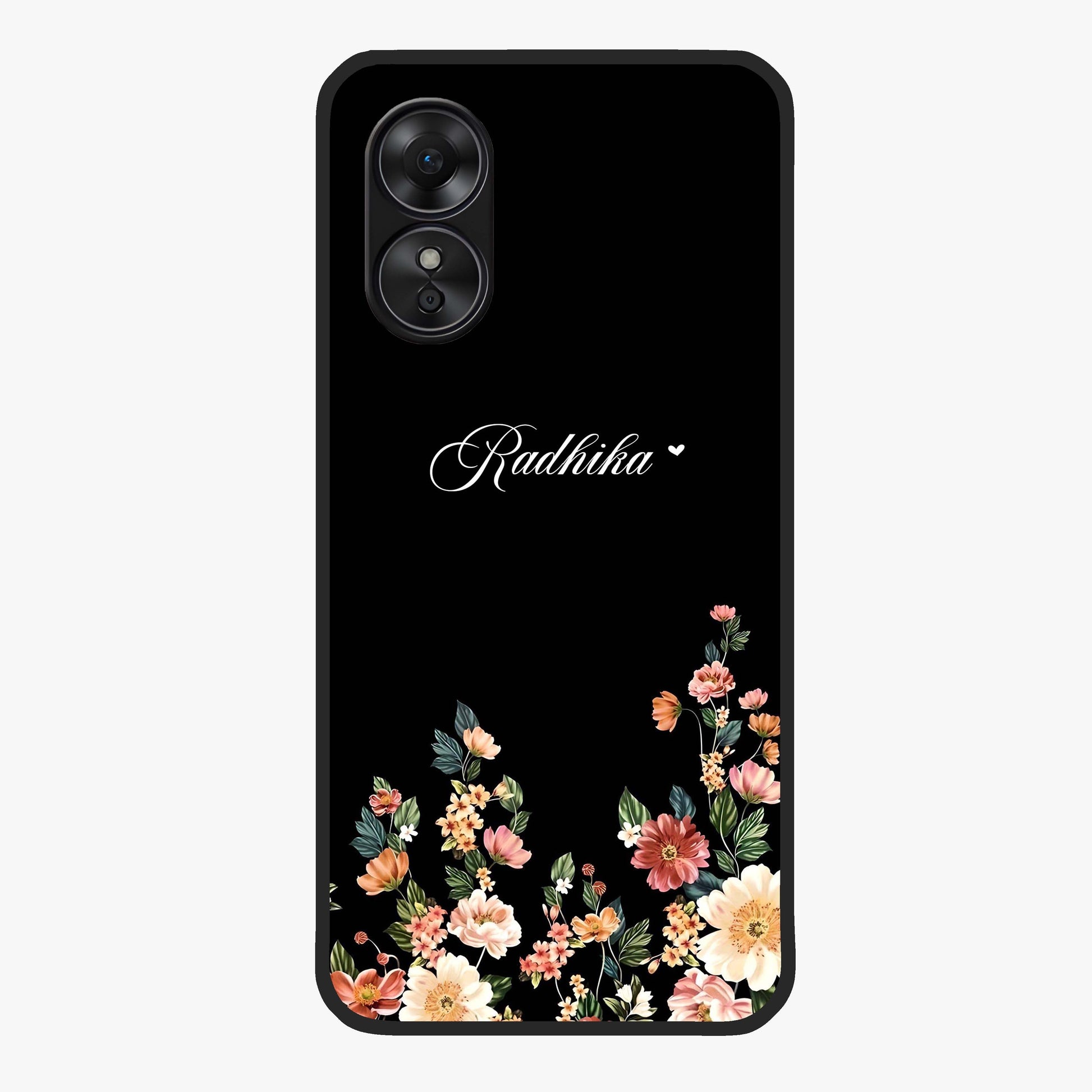 Floral Design With a Custom Personalized Name Glass Case showing flat back view with floral artwork and personalized name design.