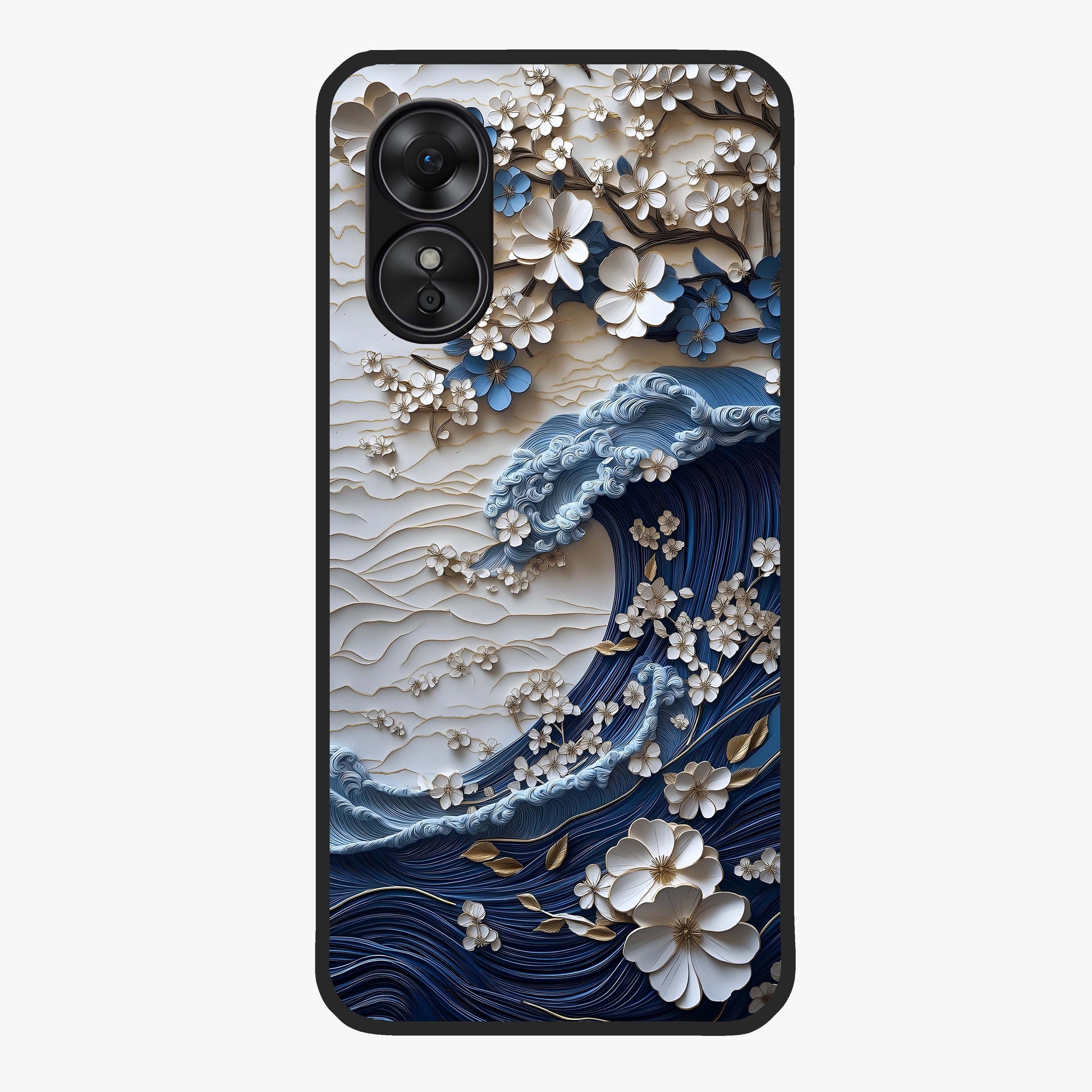 Floral Wave Origami Glass Case showing flat back view with origami inspired floral wave artwork and glossy glass finish.
