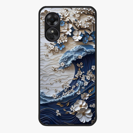 Floral Wave Origami Glass Case showing flat back view with origami inspired floral wave artwork and glossy glass finish.