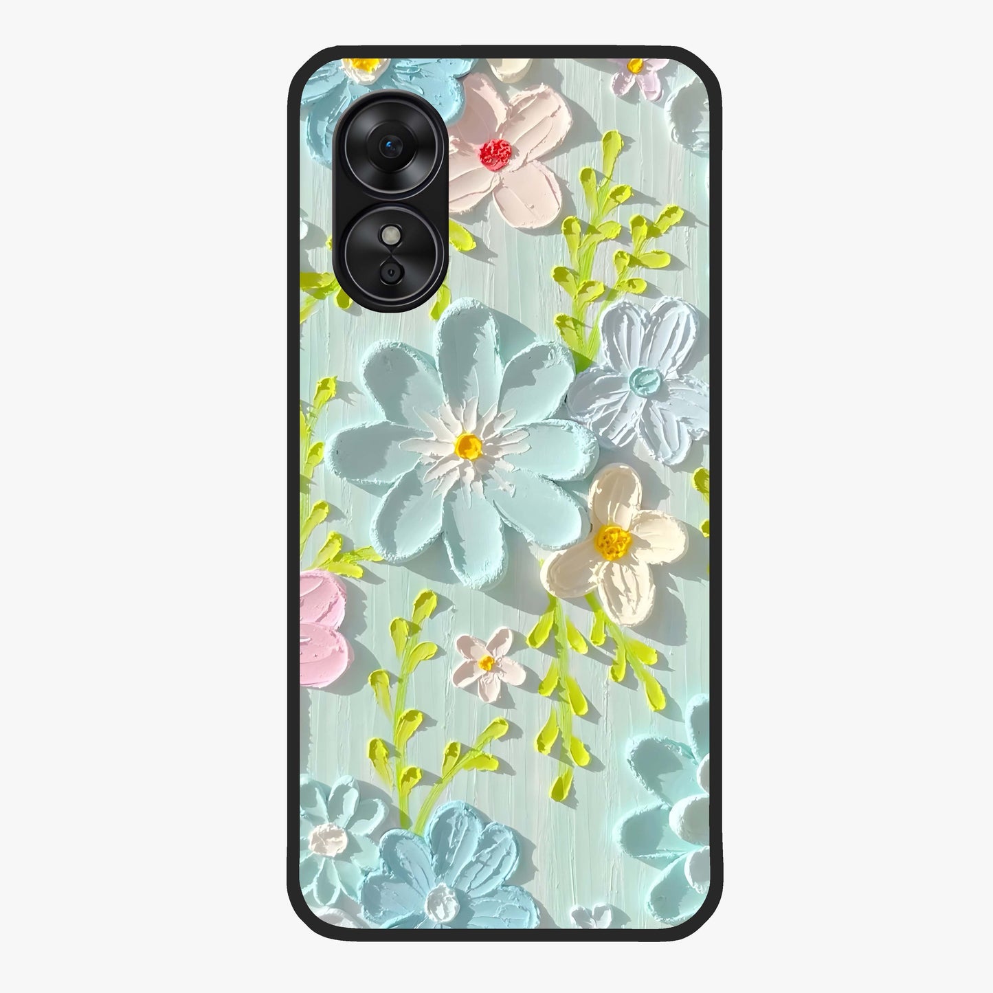 Frosted Petal Garden Glass Case showing flat back view with soft frosted floral artwork and glossy glass finish.