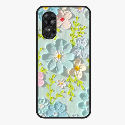 Frosted Petal Garden Glass Case showing flat back view with soft frosted floral artwork and glossy glass finish.