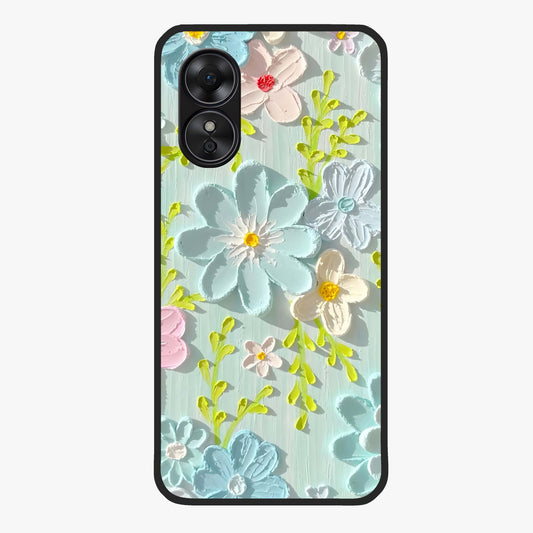 Frosted Petal Garden Glass Case showing flat back view with soft frosted floral artwork and glossy glass finish.
