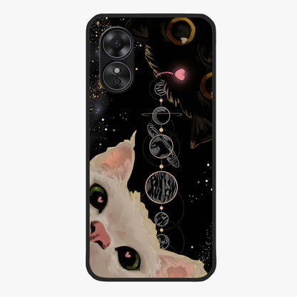 Galactic Cat Glass Case showing flat back view with cosmic cat artwork and glossy glass finish.