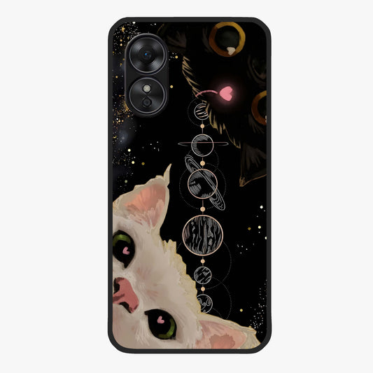 Galactic Cat Glass Case showing flat back view with cosmic cat artwork and glossy glass finish.
