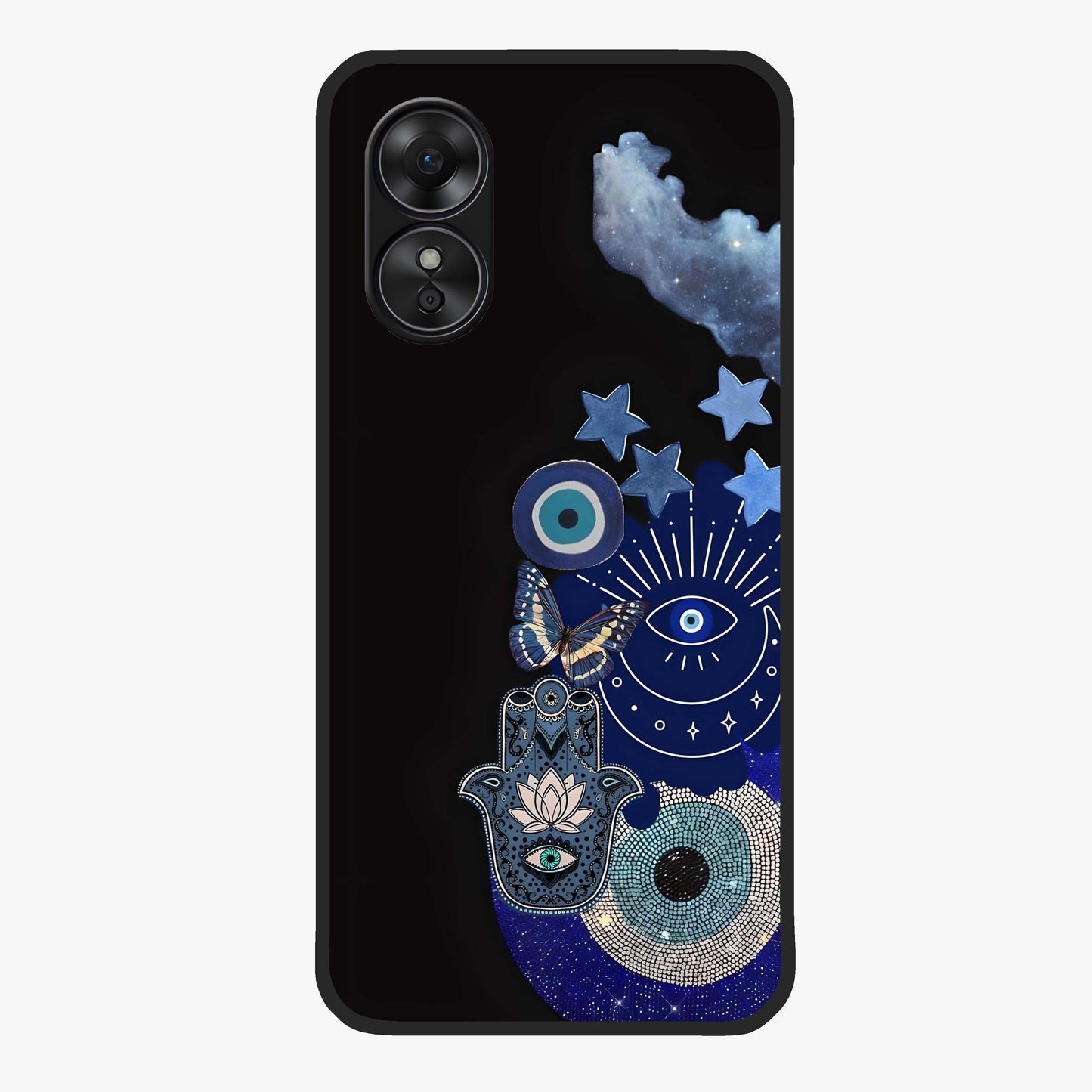 Galactic Charm Cluster Glass Case showing flat back view with glowing celestial charm artwork and glossy glass finish.