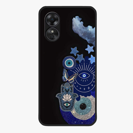 Galactic Charm Cluster Glass Case showing flat back view with glowing celestial charm artwork and glossy glass finish.