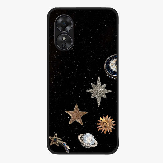 Galactic Charm Glow Glass Case showing flat back view with glowing celestial charm artwork and glossy glass finish.