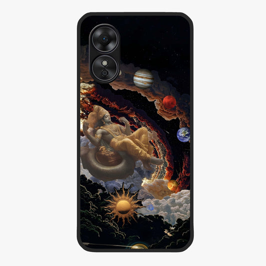 Galactic Divine God Glass Case showing flat back view with divine cosmic themed artwork and glossy glass finish.