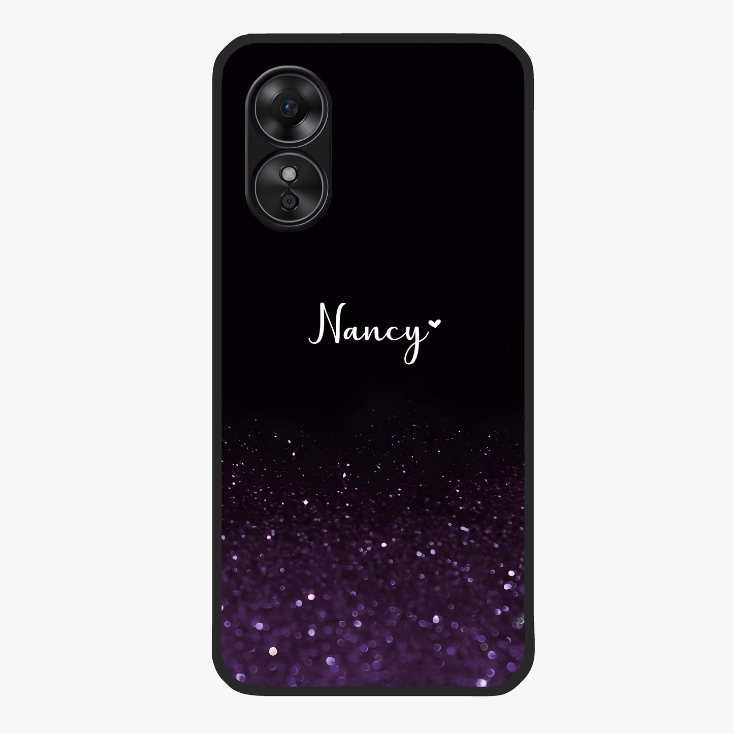Glittery Purple Bokeh Custom Name Glass Case showing flat back view with purple bokeh sparkle artwork and personalized name design.