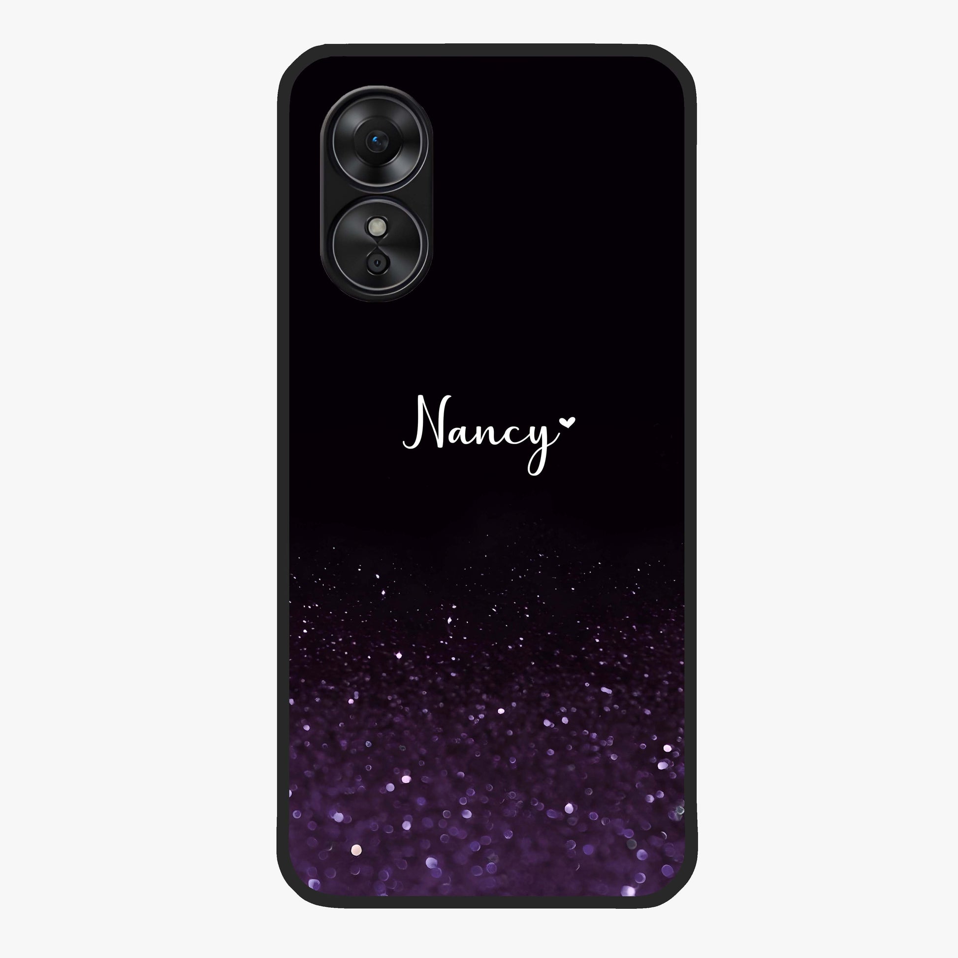 Glittery Purple Bokeh Custom Name Glass Case showing flat back view with purple bokeh sparkle artwork and personalized name design.