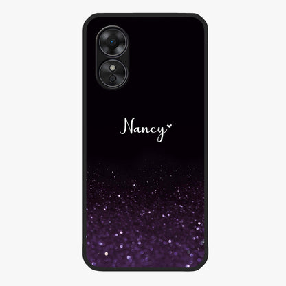 Glittery Purple Bokeh Custom Name Glass Case showing flat back view with purple bokeh sparkle artwork and personalized name design.