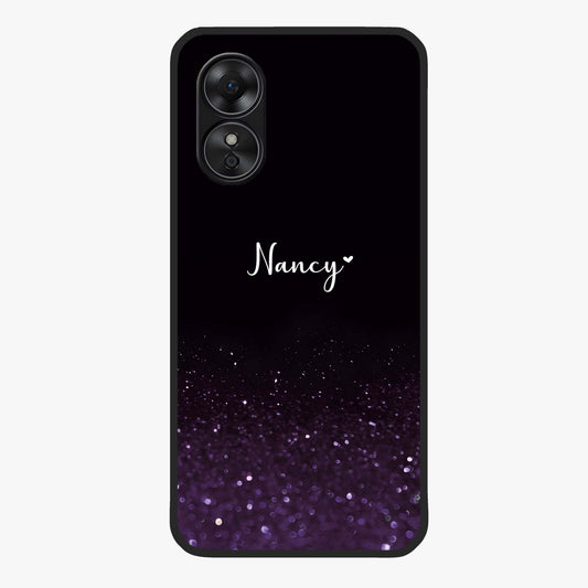 Glittery Purple Bokeh Custom Name Glass Case showing flat back view with purple bokeh sparkle artwork and personalized name design.